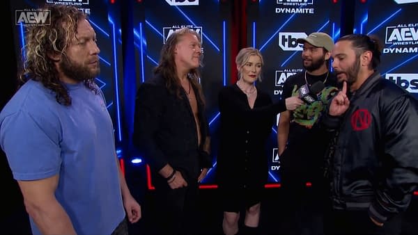 The Golden Jets, Kenny Omega and Chris Jericho, argue with The Young Bucks, Matt and Nick Jackson , on AEW Dynamite