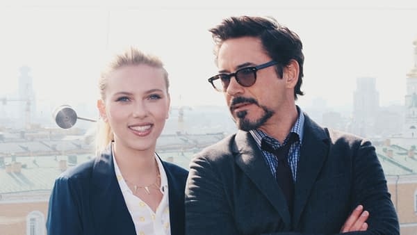 Scarlett Johansson, Robert Downey Jr. at The Avengers photocall at rooftop of Ritz-Carlton hotel, April 17, 2012, photo by Naumova Ekaterina.