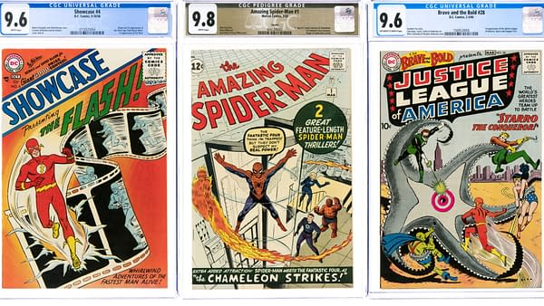 Amazing Spider-Man #1 (Marvel, 1963), Showcase #4 (DC, 1956), Brave and the Bold #28 (DC, 1960).