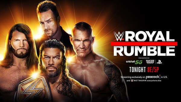 Royal Rumble graphic courtesy WWE for the Universal Championship Fatal Four-Way: Roman Reigns vs. Randy Orton vs. AJ Styles vs. LA Knight