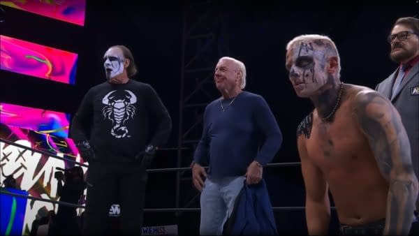 Sting, Ric Flair, Darby Allin, and Tony Schiavone appear on AEW Dynamite, where they collude with the Young Bucks to literally stab WWE right in the back!