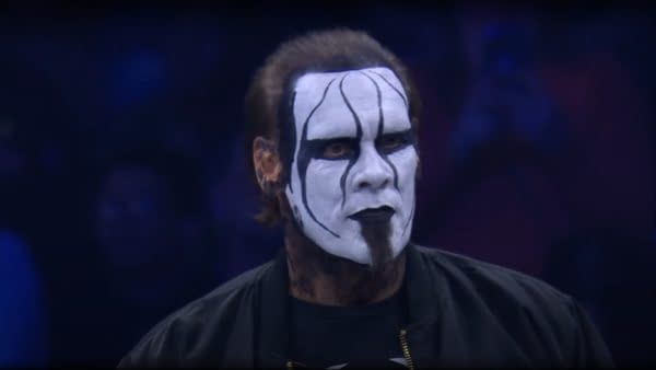 Sting appears on AEW Dynamite with Darby Allin (not pictured) to demand a title shot.