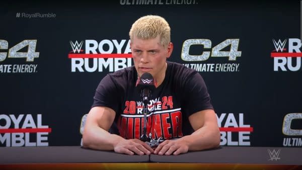 Cody Rhodes answers questions at a press conference following the 2024 WWE Royal Rumble