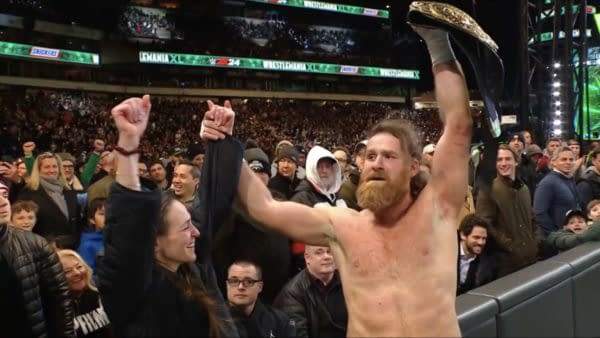 Sami Zayn celebrates his historic victory at WrestleMania XL