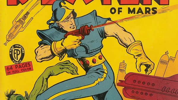 An illustration from the comic 'Rex Dexter of Mars,' depicting a muscular hero in blue attire aiming a futuristic gun at an approaching alien creature, with a vibrant yellow background and various sci-fi elements like a spaceship and buildings.