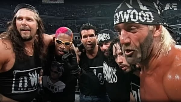 The NWO. LTR: Kevin Nash, Dennis Rodman, Scott Hall, Macho Man Randy Savage, Syxx, and Hollywood Hulk Hogan (Screencap: A&E Biography)
