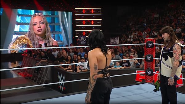 Flanked by Dominik Mysterio, Rhea Ripley calls out Liv Morgan on WWE Raw