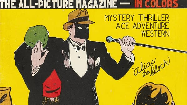 Funny Picture Stories #1 (Comics Magazine Co., 1936) featuring The Clock. A vintage magazine cover featuring a mysterious man in a tuxedo with a black mask, holding a microphone, and gesturing dramatically against a bright yellow background. The scene includes hints of other characters in shadowy outlines.