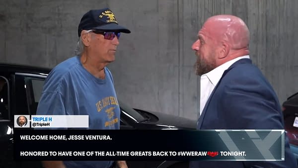 Former Minnesota Governor and WWE Hall-of-Famer Jesse Ventura appears with Triple H backstage at WWE Raw. [screencap]