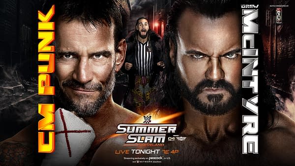 WWE SummerSlam promo graphic: CM Punk vs. Drew McIntyre (with Special Guest Referee Seth "Freakin" Rollins)