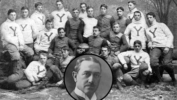 Inset: Erman J. Ridgway, 1910. Background: 1891 Yale Bulldogs football team. Unfortunately, some of these players are unidentified, but based current research, Ridgway is most likely back row center or back row, second from left.