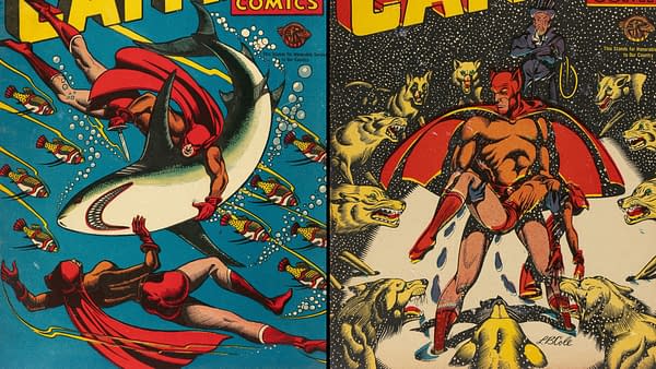 Cat-Man Comics (Continental, 1945-1946). A colorful comic book cover featuring Cat-Man, a superhero in a red costume, fighting a shark underwater on the left side, and on the right, Cat-Man is depicted in a dramatic scene surrounded by wolves under a starry sky. Both illustrations showcase vintage comic art styles with dynamic colors and action scenes. 