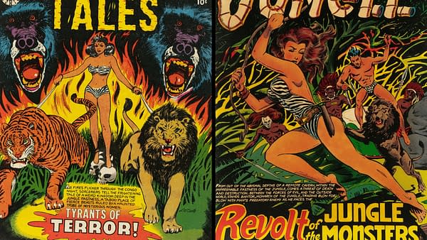Two vintage pre-Code horror comic covers by L.B. Cole, featuring jungle women, snarling beasts, and bold painted lettering. The covers include vivid pulp-style artwork from Star Publications era horror comics.