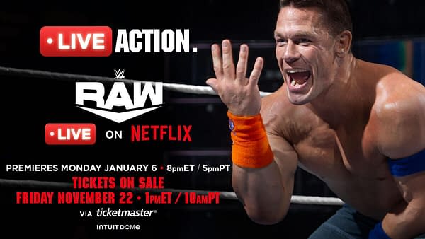WWE graphic advertising the WWE Raw Netflix debut on top of an image of an empty ring. 