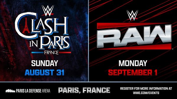 Official WWE graphic announcing WWE Clash in Paris and WWE Raw