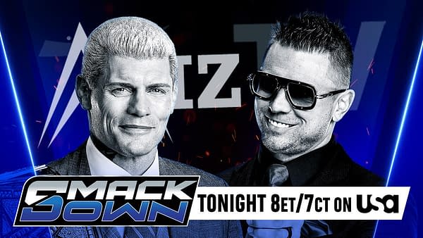 A promotional graphic for WWE SmackDown featuring Cody Rhodes and The Miz. Both wrestlers are smiling and facing the camera, with event details at the bottom.