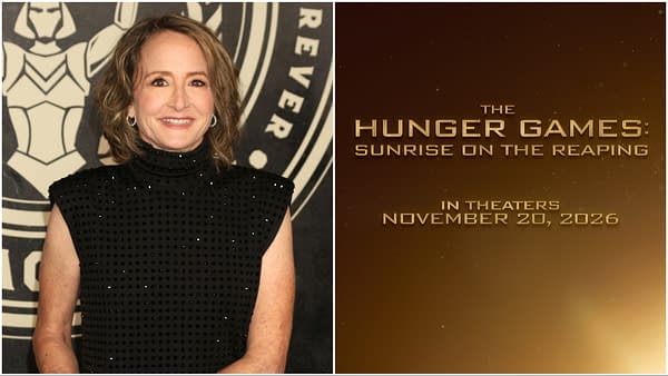 A woman with curly hair is smiling while wearing a black sleeveless top adorned with sequins, set against a backdrop featuring a stylized figure. To the right, promotional text for 'The Hunger Games: Sunrise on the Reaping' announces its theatrical release on November 20, 2026.