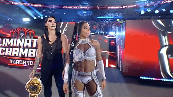 Rhea Ripley confronts chamber winner Bianca Belair at WWE Elimination Chamber PLE