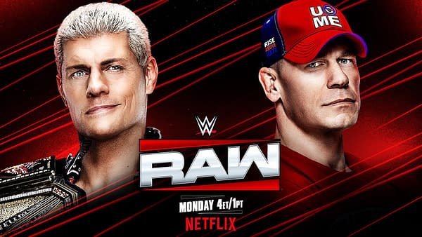 A promotional graphic for WWE Raw featuring wrestlers Cody Rhodes and John Cena. The image showcases their faces against a bold red background with the WWE Raw logo prominently displayed.