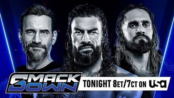 Prominent WWE wrestlers CM Punk, Roman Reigns, and Seth Rollins are featured together, with a bold 'SMACKDOWN' logo beneath them. The image announces a broadcast time of 8 ET/7 CT on USA Network.