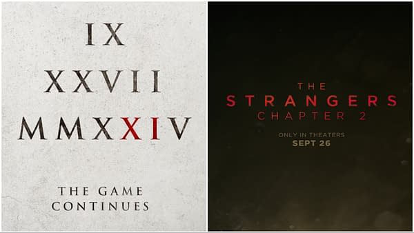 A promotional graphic featuring two movie titles: on the left, 'SAW XI' with Roman numerals and the phrase 'THE GAME CONTINUES,' and on the right, 'THE STRANGERS: CHAPTER 2' with a release date of September 26, both designed for a horror film context.