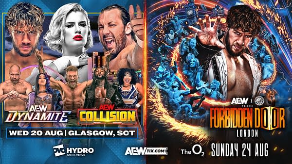 Graphic featuring wrestlers and promotional content for AEW events in Glasgow and London. It highlights AEW Dynamite and Collision, along with the Forbidden Door event details.