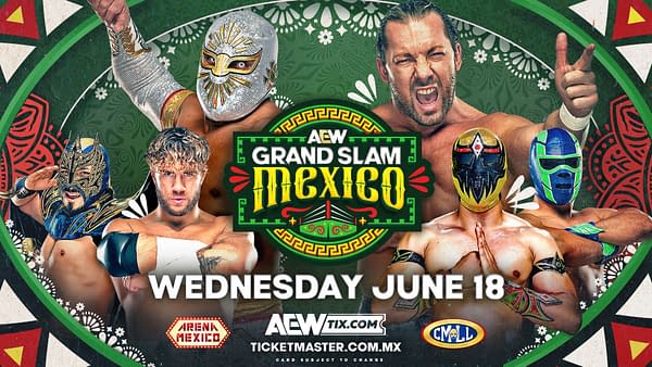 A promotional graphic for AEW Grand Slam: Mexico featuring several masked wrestlers, with vibrant designs depicting Mexican culture. The event details are prominently displayed in a circular logo with colorful accents.