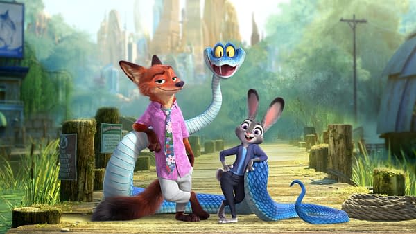 The animated scene from 'Zootopia 2' features characters Nick Wilde, a fox dressed in a pink floral shirt, and Judy Hopps, a rabbit in a blue suit, alongside a colorful, cartoonish snake named Gary De'Snake. They are positioned on a wooden dock, with a vibrant cityscape in the background, hinting at an adventurous mystery.