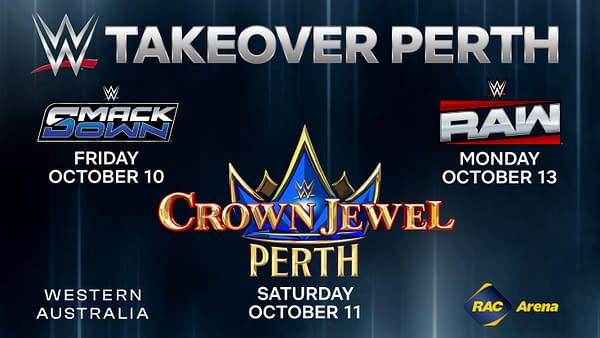 A promotional graphic for WWE events in Perth, featuring the event names SmackDown, Crown Jewel, and RAW with corresponding dates. The design includes a blue and gold crown emblem and mentions RAC Arena and Western Australia.