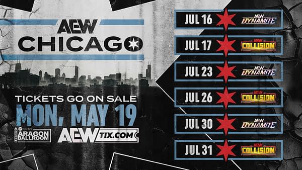 Promotional graphic for AEW's Chicago residency, featuring the Chicago skyline in the background and dates for events like AEW Dynamite and Collision.