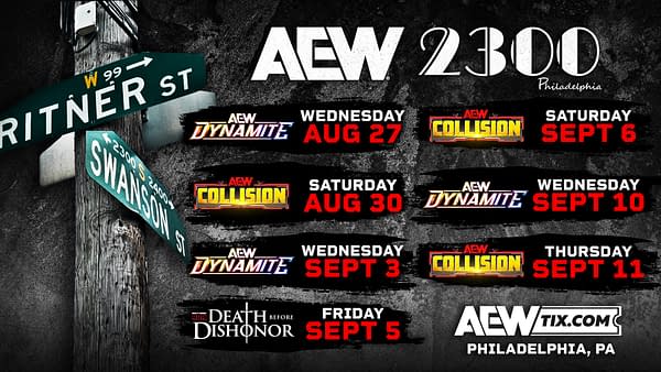 A promotional graphic featuring the AEW logo and details for the 2300 Arena residency events. It includes dates for various wrestling shows like AEW Dynamite and AEW Collision, alongside a street sign indicating Ritner and Swanson streets in Philadelphia.
