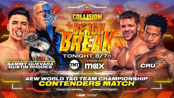 A graphic for the AEW Beach Break event featuring four professional wrestlers. Sammy Guevara and Dustin Rhodes are on the left, while Cru and another wrestler are on the right, all displayed against a vibrant beach background.