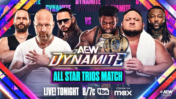 A promotional graphic for an AEW Dynamite wrestling match featuring multiple wrestlers, with bold text announcing an All Star Trios Match. The design features vibrant colors and the AEW logo prominently displayed.
