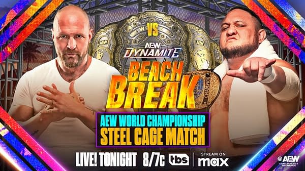 A promotional graphic for an AEW wrestling event, AEW Dynamite: Beach Break, featuring two male wrestlers facing off, with a championship belt in the background. The title 'Beach Break' is prominently displayed along with event details.
