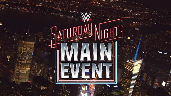 Logo for WWE Saturday Night's Main Event featuring bold typography and the WWE logo, set against a night skyline.