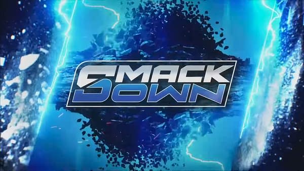 Logo for WWE SmackDown featuring bold text and a dynamic blue and black design with lightning effects.