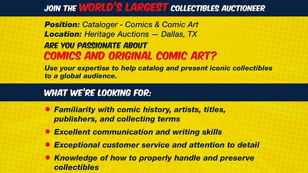 A colorful recruitment flyer for a Comics Cataloger position at Heritage Auctions, featuring bold text asking if you are passionate about comics and original comic art. Key qualifications include familiarity with comic history and excellent communication skills.