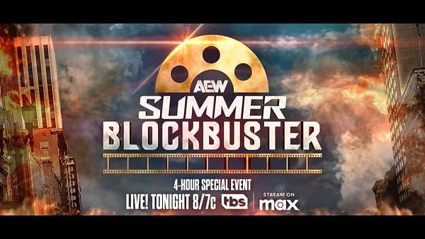 A graphic featuring the AEW Summer Blockbuster logo, set against a dramatic background with clouds and light effects. The design incorporates film reel elements and text announcing a 4-hour live special event.