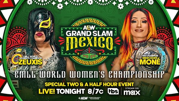 A promotional graphic for AEW Grand Slam Mexico featuring two female wrestlers, Zeuxis, the CMLL World Women's Champion, on the left, and Mercedes Moné, the TBS Champion, on the right. The background is vibrant with Mexican-inspired design elements.
