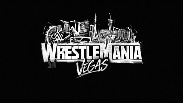 A graphic logo for WWE WrestleMania featuring the word 'WrestleMania' prominently in white text with 'Vegas' in a stylish script underneath. The background includes a silhouette of Las Vegas landmarks, enhancing its connection to the city's iconic scenery.