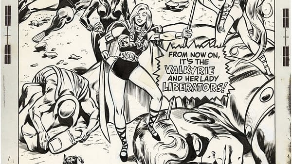 Avengers #83 cover art by John Buscema and Tom Palmer (Marvel, 1970). An illustration featuring Valkyrie in a dynamic pose, holding a spear and surrounded by defeated characters. The text 'From now on, it's the Valkyrie and her Lady Liberators!' is prominently displayed.