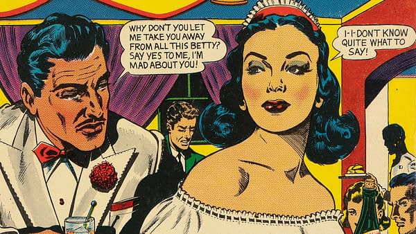 An illustrated comic panel features a handsome man in formal attire talking to a woman with dark hair, while expressing romantic feelings. The background shows a colorful setting with other characters visible in the distance.