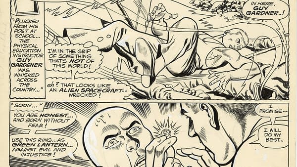 Green Lantern #59 page 7: An illustration from a comic book featuring a hypothetical scenario involving Guy Gardner, a physical education instructor, who accepts the role of Green Lantern from the dying Abin Sur.