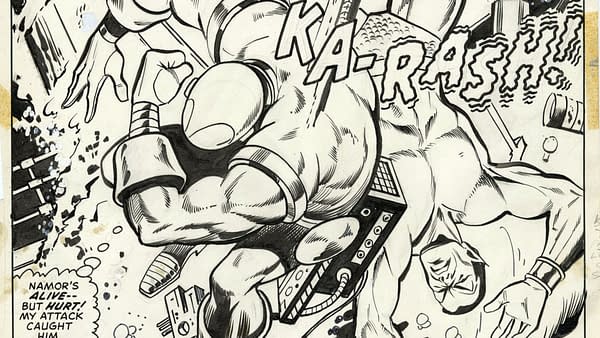 Original artwork from 'Iron Man #54' showcasing the battle between Iron Man and the Sub-Mariner.