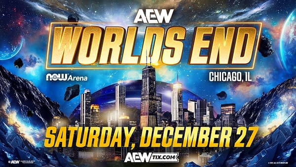 A promotional graphic for an event titled 'World's End', featuring a cosmic background with planets and asteroids. The skyline of Chicago is prominently displayed, highlighted with the event's details including the date and venue.
