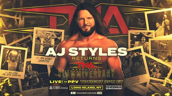A promotional graphic for TNA Slammiversary featuring AJ Styles, a professional wrestler. The design includes images of Styles celebrating titles, the TNA logo, and details about the event, including date and location.