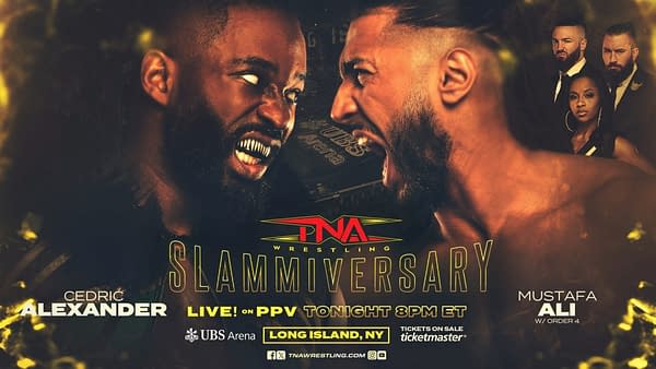 Cedric Alexander and Mustafa Ali fiercely face each other, with text highlighting their names and the event 'TNA Slammiversary,' along with details about the live broadcast.