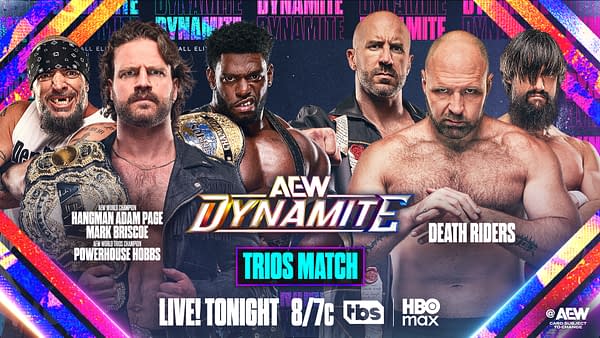 A promotional graphic for a pro wrestling event featuring six male wrestlers. The image highlights the AEW Dynamite show, with two teams: Hangman Adam Page, Mark Briscoe, and Powerhouse Hobbs on one side, and the Death Riders on the other. The background is colorful, emphasizing the competition theme.