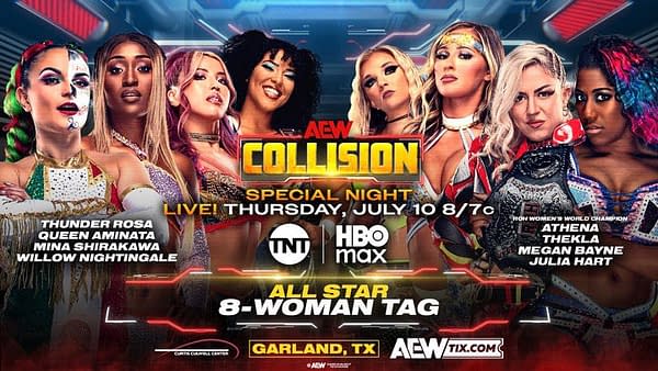 A promotional graphic for AEW Collision featuring eight female wrestlers, including Thunder Rosa, Queen Aminata, and others, gathered together with vibrant backgrounds and event details prominently displayed.