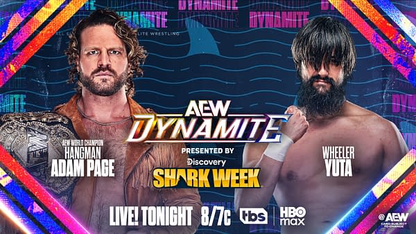 A promotional graphic for AEW Dynamite featuring two wrestlers: Hangman Adam Page with the AEW Championship belt and Wheeler Yuta. The background includes colorful design elements and mentions 'Shark Week.'